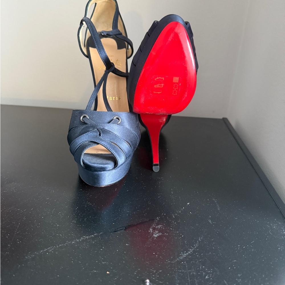 Navy Blue Christian Louboutin satin T-Strap Heels
